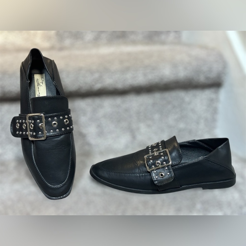 Preppy Vintage Havana Black Leather Maureen Studded‎ Buckle Loafers Women 6.5